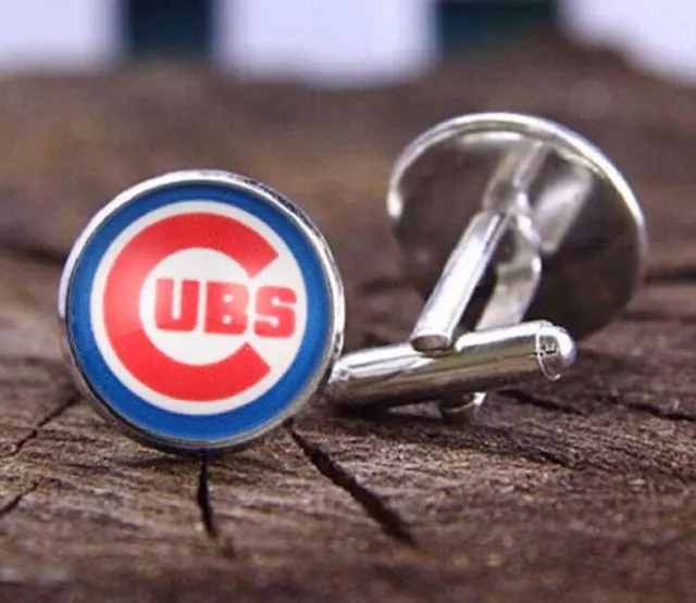 Chicago Cubs Team Logo Cuff Link Set Mens Glass Face Bullet Closure Cufflinks