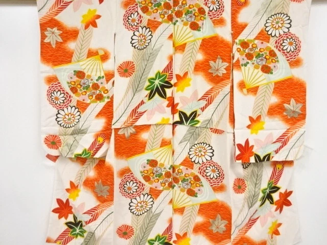 44402# Japanese Kimono / Antique Kimono For Girls / Fan With Kiku & Maple