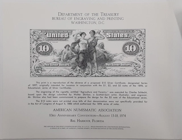 BEP Souvenir Card ANA 1974 Bal Harbour, FL Back of 1897 $10 SC  B-29
