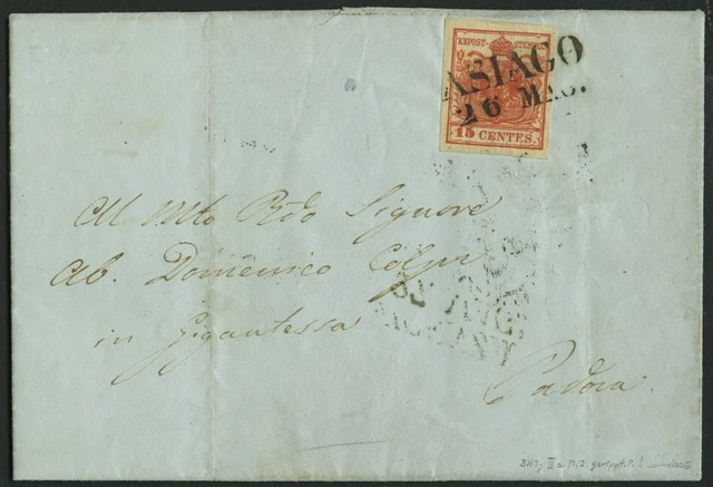 LOMBARDEI UND VENETIEN 3XR BRIEF, 1851, 15 C. rot, Handpapier, Type IIa, gerippt