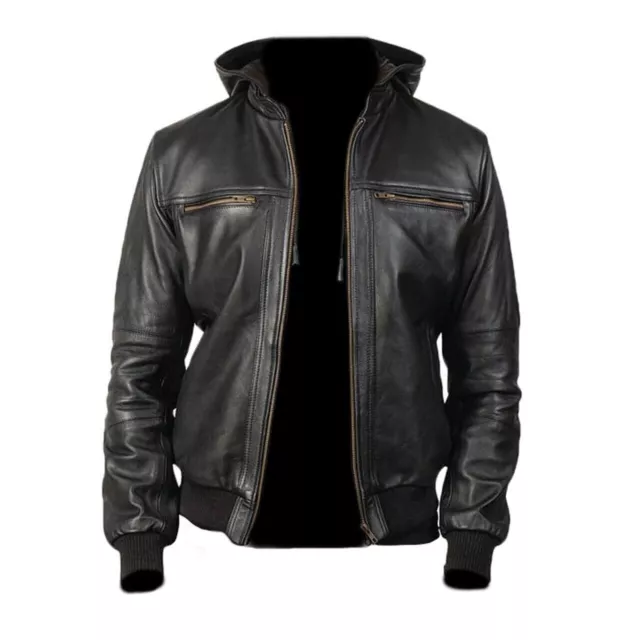 Men's Biker Bomber Black Hooded 100% Real Lambskin Leather Jacket Hoodie Coat