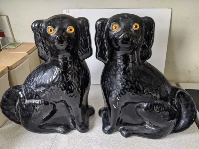 Antique / Vintage Pair Black Wally Dogs / Staffordshire Dogs - Glass Eyes