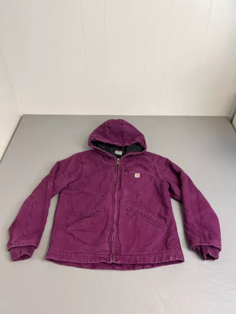 Carhartt Pink Canvas Sherpa Lined Hooded Jacket Coat Youth Girls Large 14 Purple