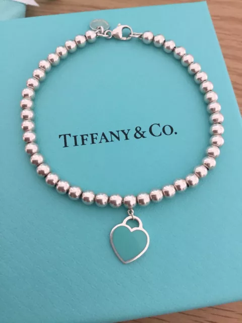 Genuine Tiffany & Co Heart Enamel Blue Charm Sterling Silver bracelet