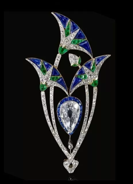 Art Deco Lotus Flower Design Blue, Green & White Stone Studded Silver  Brooch