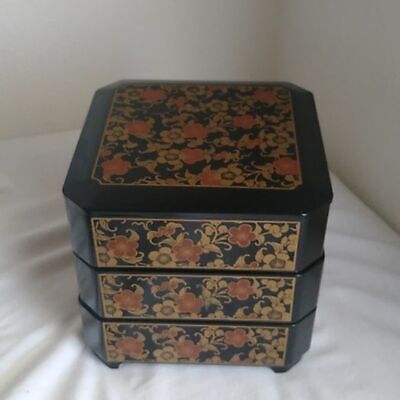 Vintage Japanese Black Hanami Sakura Bento Jubako 3 Tier Lunch Box