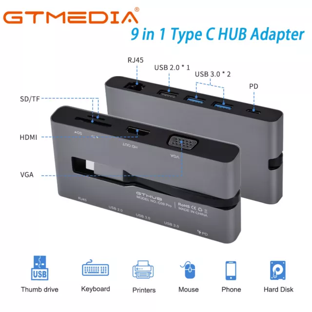 9 in 1 USB C Hub Type C 4K HDMI VGA Rj45 Gigabit Ethernet Adapter+TF/SD Reader