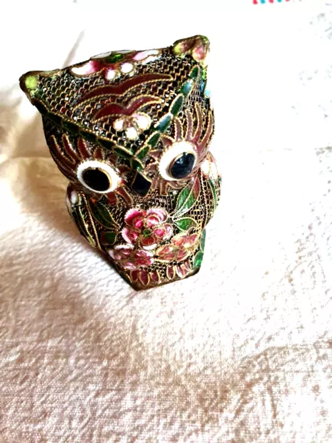 Figurine Hibou/Chouette émaux cloisonné  décoré façon dentelle... Cuivre Émail