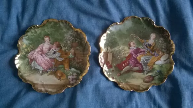 Lovely Pair of Limoges Scalloped Cabinet Plates Fragonard Lovers Porcelain D'art