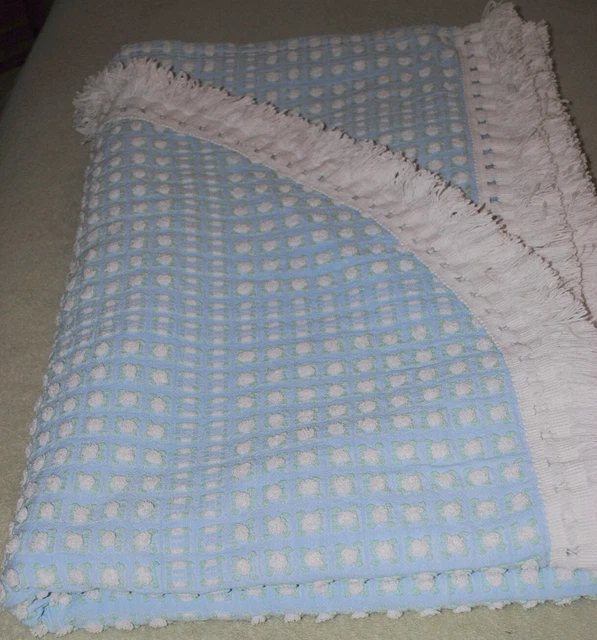 Chenille Bedspread Morgan Jones Blue with White Rosebuds