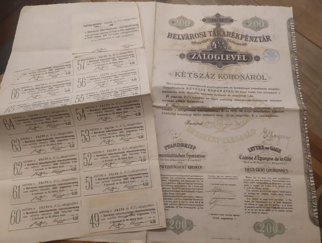Hungary 1911 Budapest Zaloglevel Pfandbrief 200 Koronarol Crown Coupons Bond
