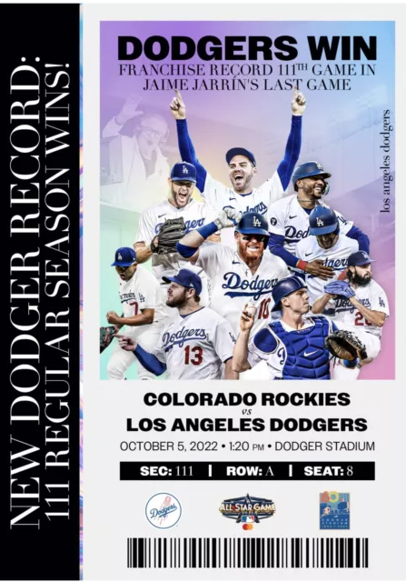 Colorado Rockies vs Los Angeles Dodgers PDF Ticket Stub 10/5/22 - 111th Win! PDF
