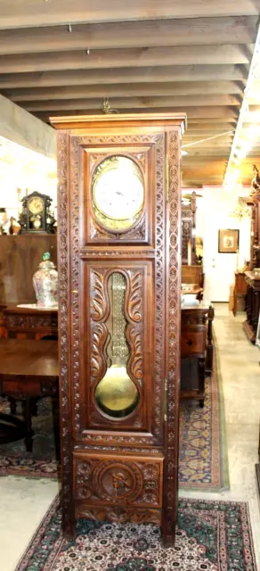 French Antique Oak Wood Britany Morbier Grandfather Clock c. 1843 Runs Perfect
