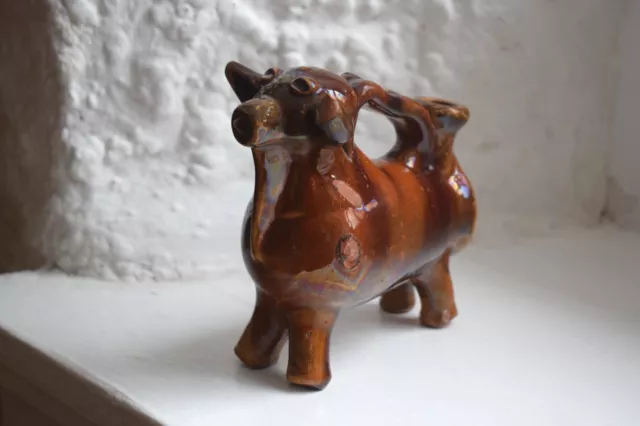 RARE Vintage Cuenca Red Clay Pottery Bull Cow Creamer, Treacle Glaze Milk Pourer