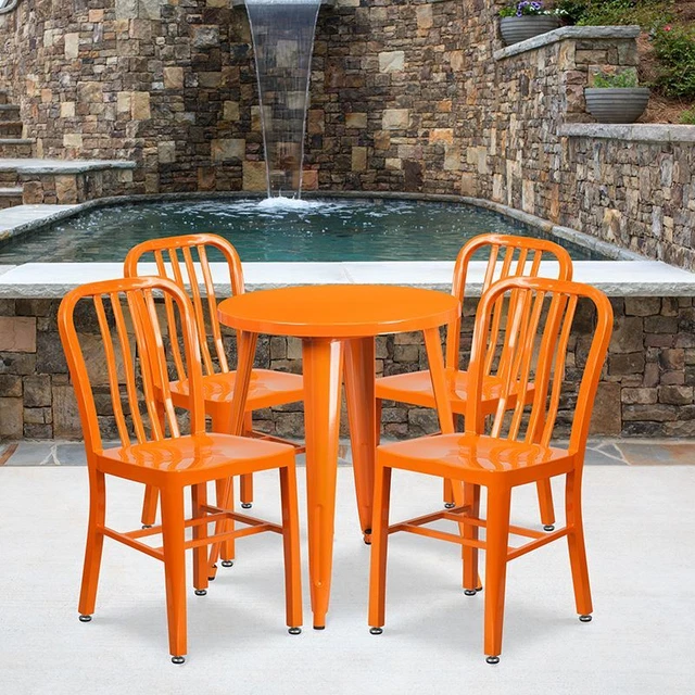 Commercial Grade 24" Round Orange Metal Indoor/Outdoor Table Set w/4 Vertical Sl