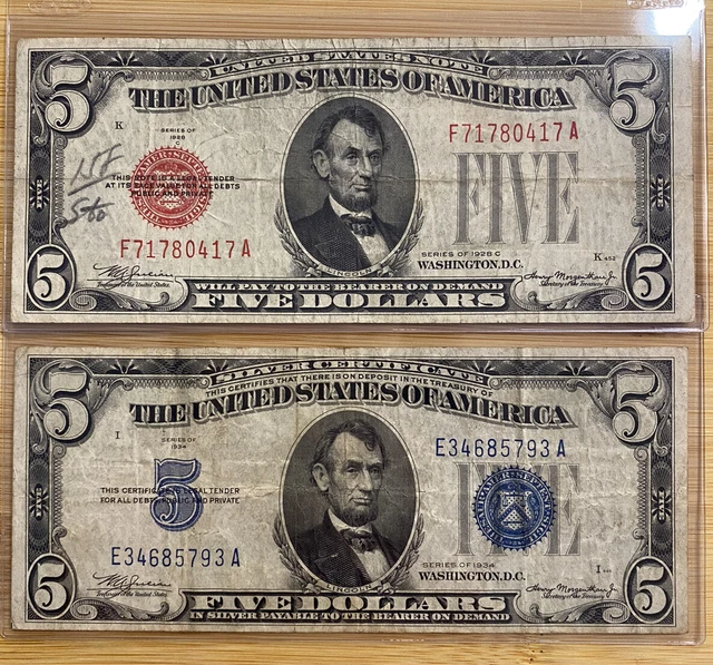 1928 C $5 Red Seal & 1934 $5 Silver Certificate Blue Seal Banknotes Lot Currency