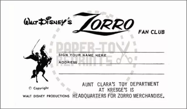 Zorro Fan Club Membership Card - Original Version - Vintage Reprint