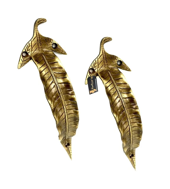 Handmade Antique Brown Finish Leaf Design Brass Door Handle Pair Accessory