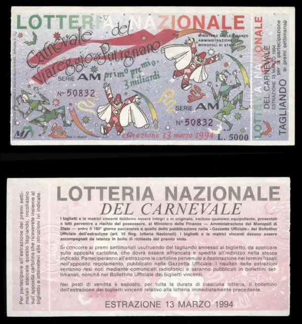 biglietto lotteria NAZIONALE CARNEVALE VIAREGGIO E PUTIGNANO 1994