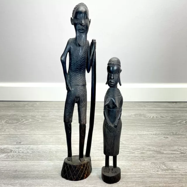 Vintage Hand Carved Kenyan Besmo Tribal Folk Art Ebony Wood Statue Figurines