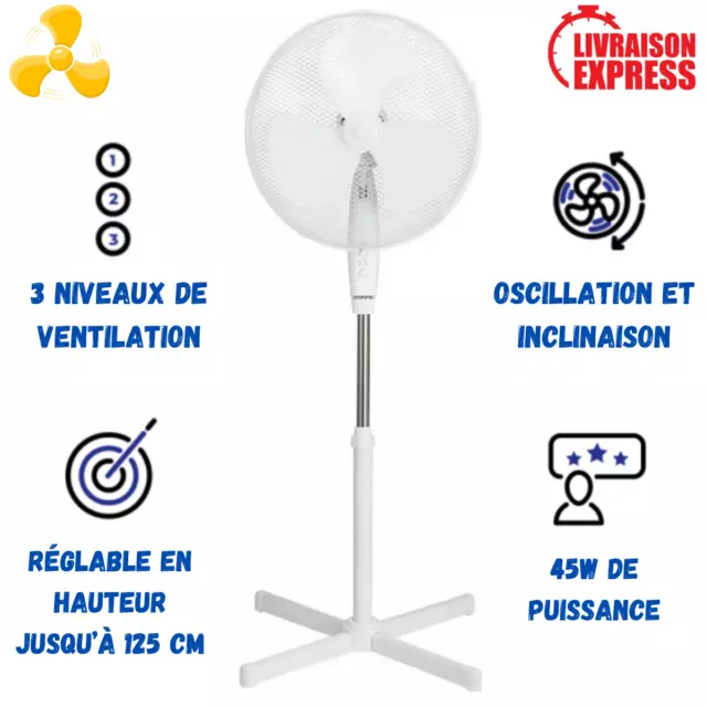 Ventilateur sur Pied à Oscillation 45W 3 Puissance Hauteur réglable 100cm Blanc