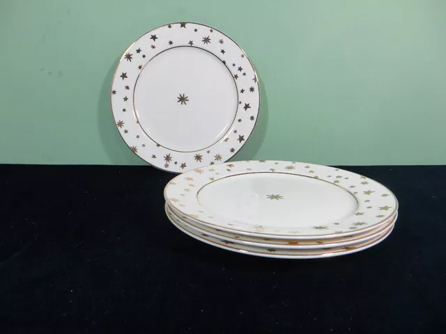 Set 4 Sakura Galaxy White Christmas Holiday Stars 8 1/2" Salad Plates 14K Gold