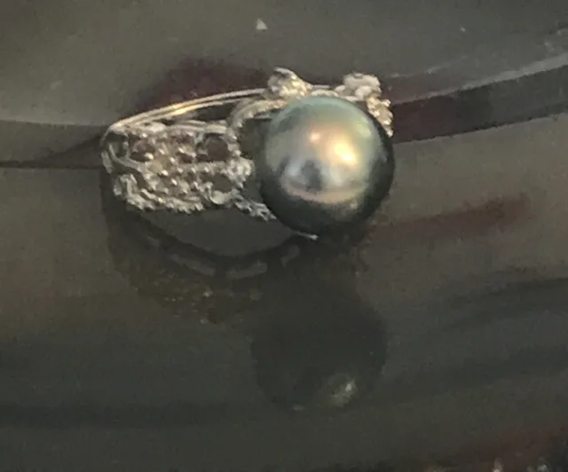 Tahitian Pearl Ring. 10mm. Sterling Silver and CZ Ring.