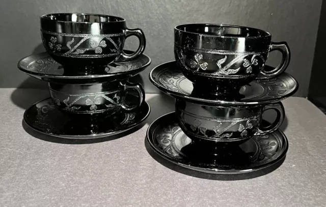 Vintage Hazel Atlas Black Depression Glass Cloverleaf Cups Saucers Set of 4
