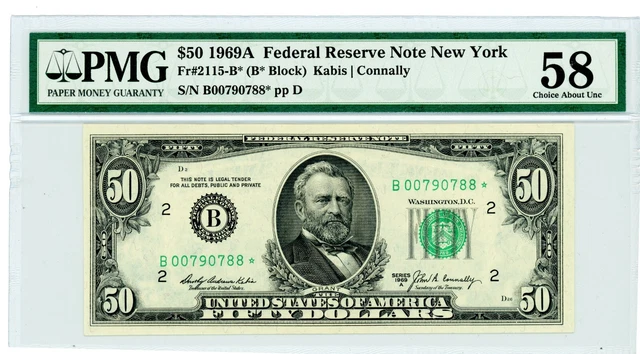 $50 1969A Federal Reserve Note New York  Fr#2115-B*  B00790788*  PMG 58