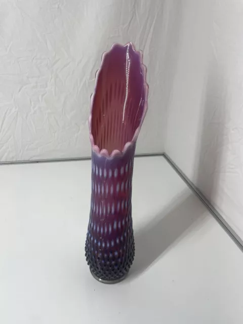 17 3/4 " Fenton Plum Hobnail Opalescent Art Glass Swung Vase Mint Vintage