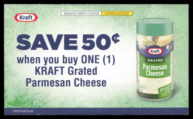 6 Coupons $0.50 Off Any One Kraft Grated Parmesan Cheese Exp 6/30/24