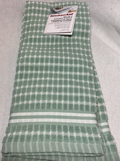 Juego De Toallas De Cocina De Ayuda De Cocina De 2 Bloques Blancos Verde Claro 100% Algodón Nuevo Con Etiquetas