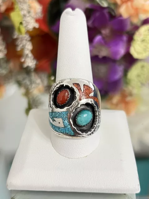 STERLING SILVER MEN’S Native American Turquoise Coral Inlay Ring Signed ...