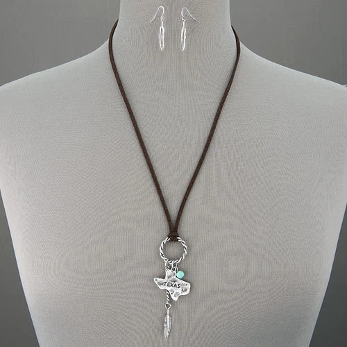 Brown Suede Silver Texas State Hammered Feather Pendant Necklace With Earrings