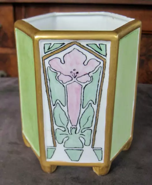 Art Nouveau Noritake Nippon Pink Floral Gold Green Six Sided Footed 5.5" Vase