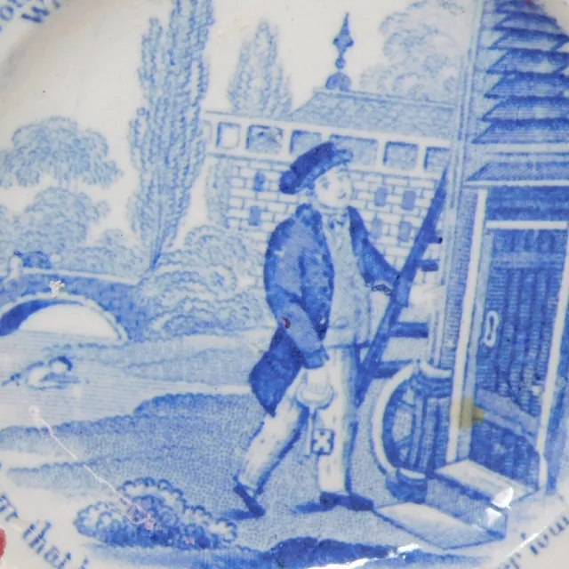 c. 1830 4-5/8" Plate Franklin Proverbs Blue Transferware Sloth & Lost Time ANTQ 3