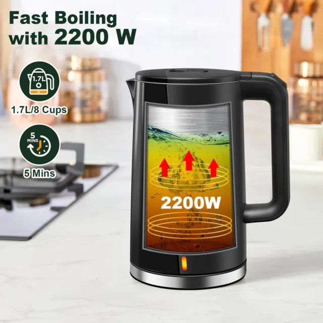 1,7L Wasserkocher Edelstahl 2200W BPA-frei LED-Anzeige Trockengehschutz Schwarz