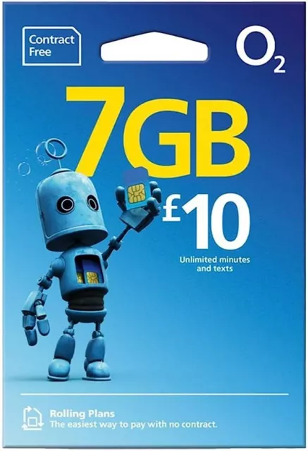O2 Sim Card Pay As You Go £10 7GB Bundle 3 in1 Micro Nano PAYG DATA ROLLOVER 02