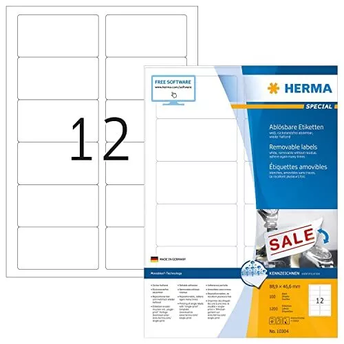 HERMA Self Adhesive Removable Multi-Purpose Labels, 12 Labels Per A4 Sheet, 1200