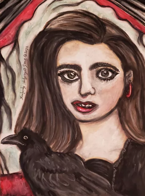 GIRL WITH CROW 8.5 x 11 Art Print Signed Artist KSams 90s Goth Fantasy Gothic