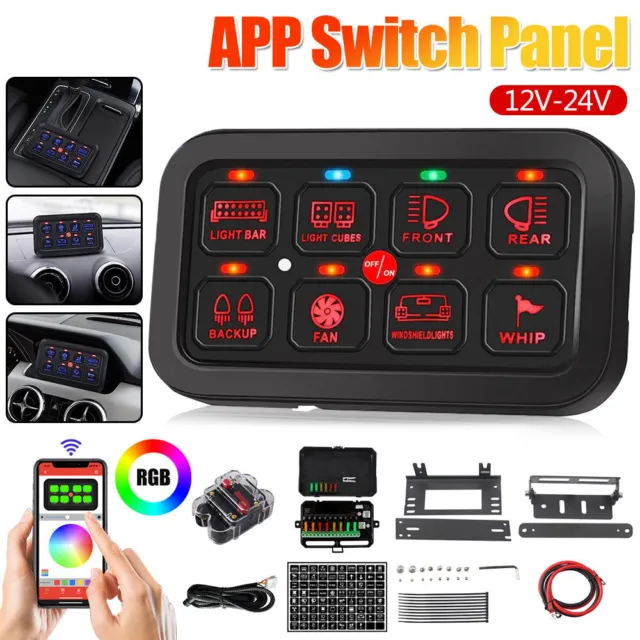 12/24V 8 Gang Switch Panel RGB LED Circuit Control System APP For Car Truck Boat