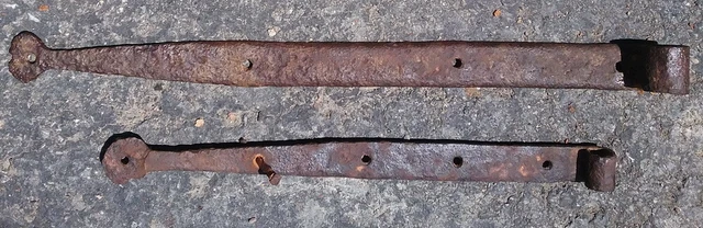 Two Late 18 or early 19th Century Blacksmith Wrought Round Tip Strap Hinges