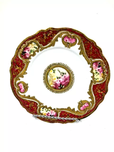 Antique Noritake HP RC Nippon 7.5" Plate ~ Red Gold Encrusted Border w/Roses