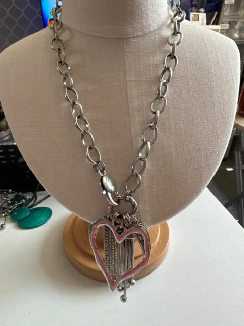 stunning statement heavy large link silver tone necklace heart pendant