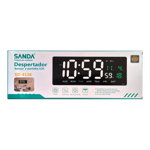 Reloj Digital De Pared Mesa Led Color Blanco Verde Calendario Termometro Alarma 3