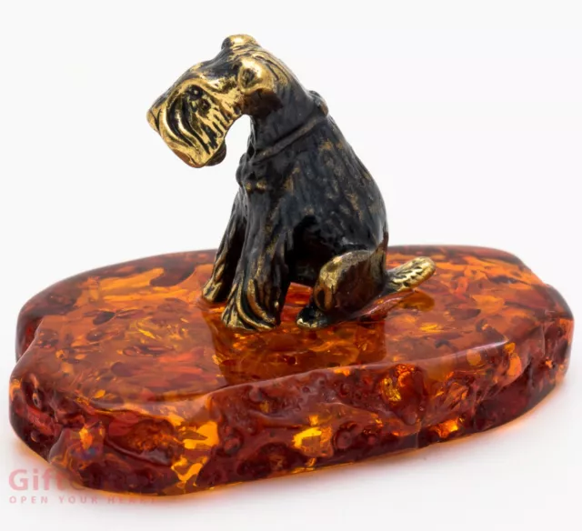 Solid Brass Amber Figurine of Schnauzer Dog IronWork