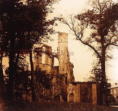 FRANCE Ruines de l'Abbaye de Chaalis c1930 Photo Plaque de verre Stereo Vintage