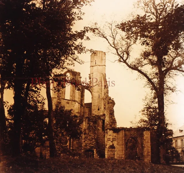 FRANCE Ruins of the Abbey of Chaalis c1930 Photo Stereo Glass Plate Vintage