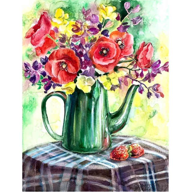 Watercolor Painting Original Flowers Bouquet Poppies Still Life Collectible Art