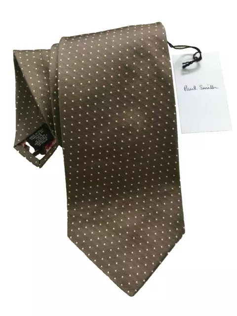 Paul Smith Corbata de Seda Marrón Pequeño Blanco Lunares Polka Forro 8cm